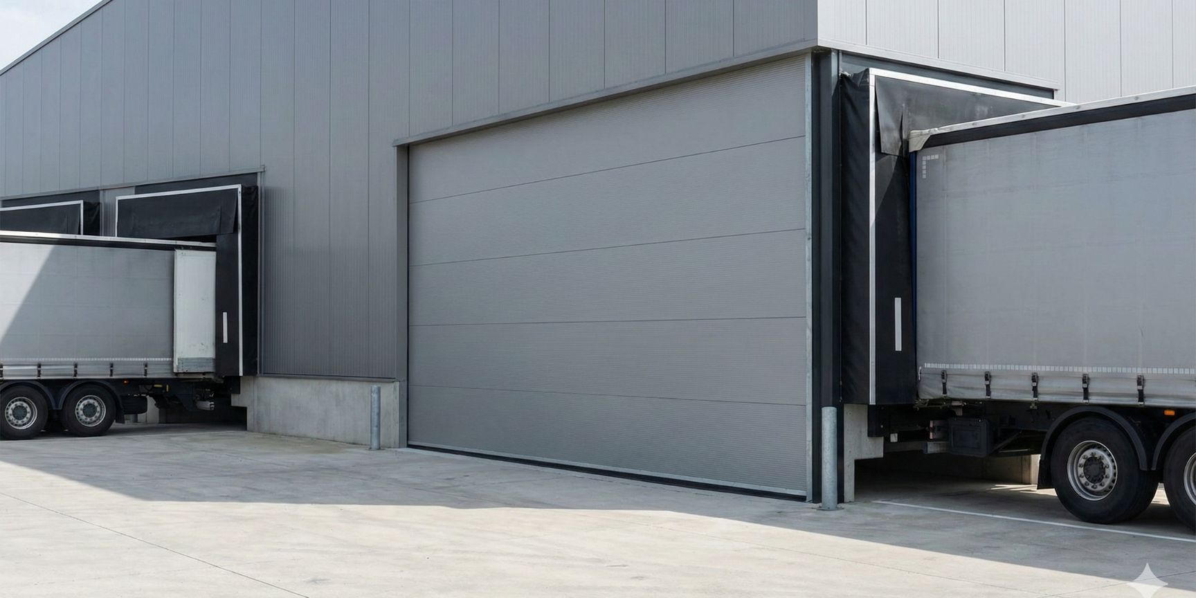Exterior shot of a modern logistics property with several loading bays. A grey sectional door is completely closed and forms part of the hall façade. To the left and right of it, trucks are docked at other loading gates with dock seals